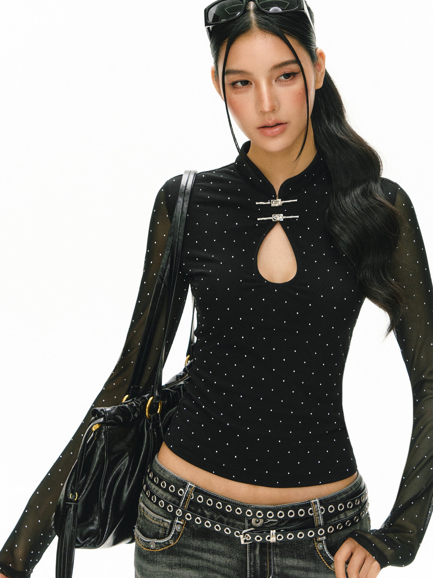 Zorn Mesh Rhinestone Cutout Long Sleeves
