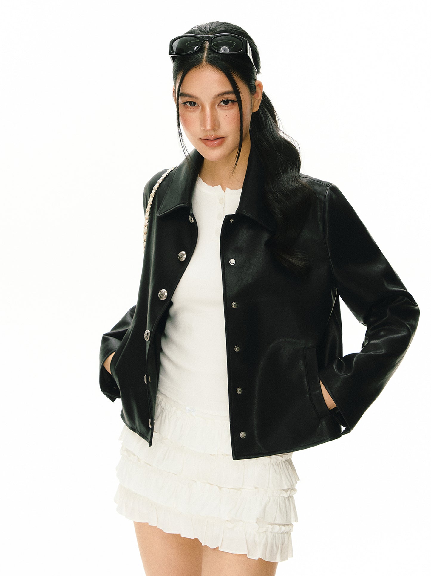 Kior Faelthra Collared Faux Leather Jacket