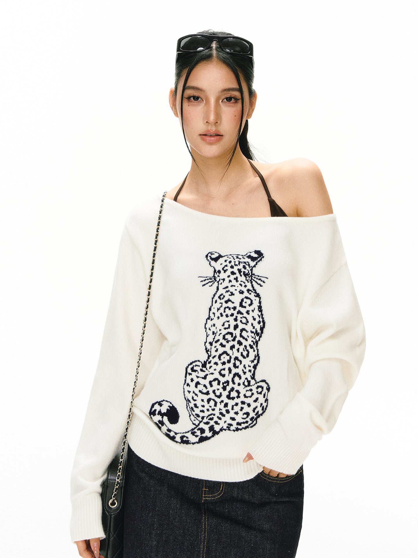 Leopard Jacquard Off Shoulder  Sweater