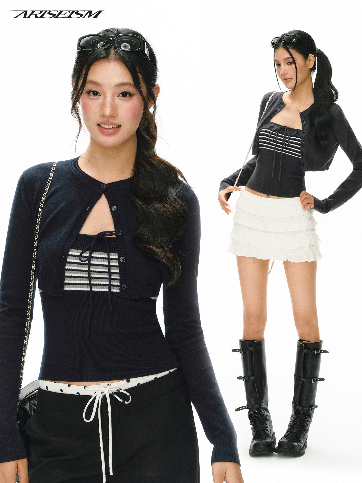 Striped Tie Tube Top & Cropped Crew Neck Cardigan 2 Piece Knit Set