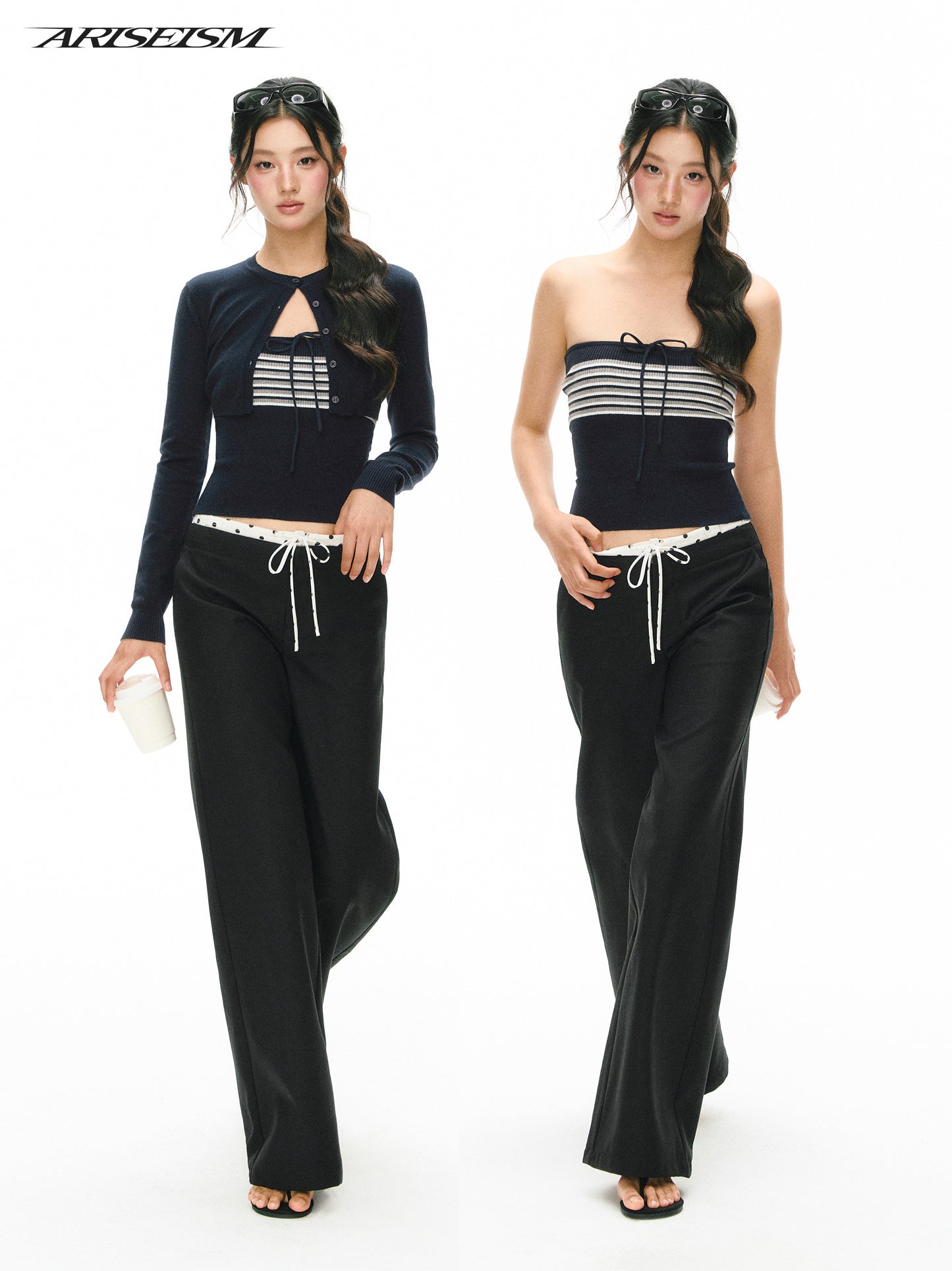 Striped Tie Tube Top & Cropped Crew Neck Cardigan 2 Piece Knit Set