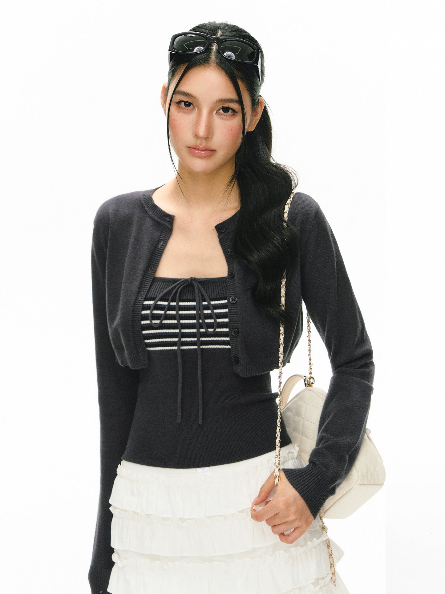 Striped Tie Tube Top & Cropped Crew Neck Cardigan 2 Piece Knit Set