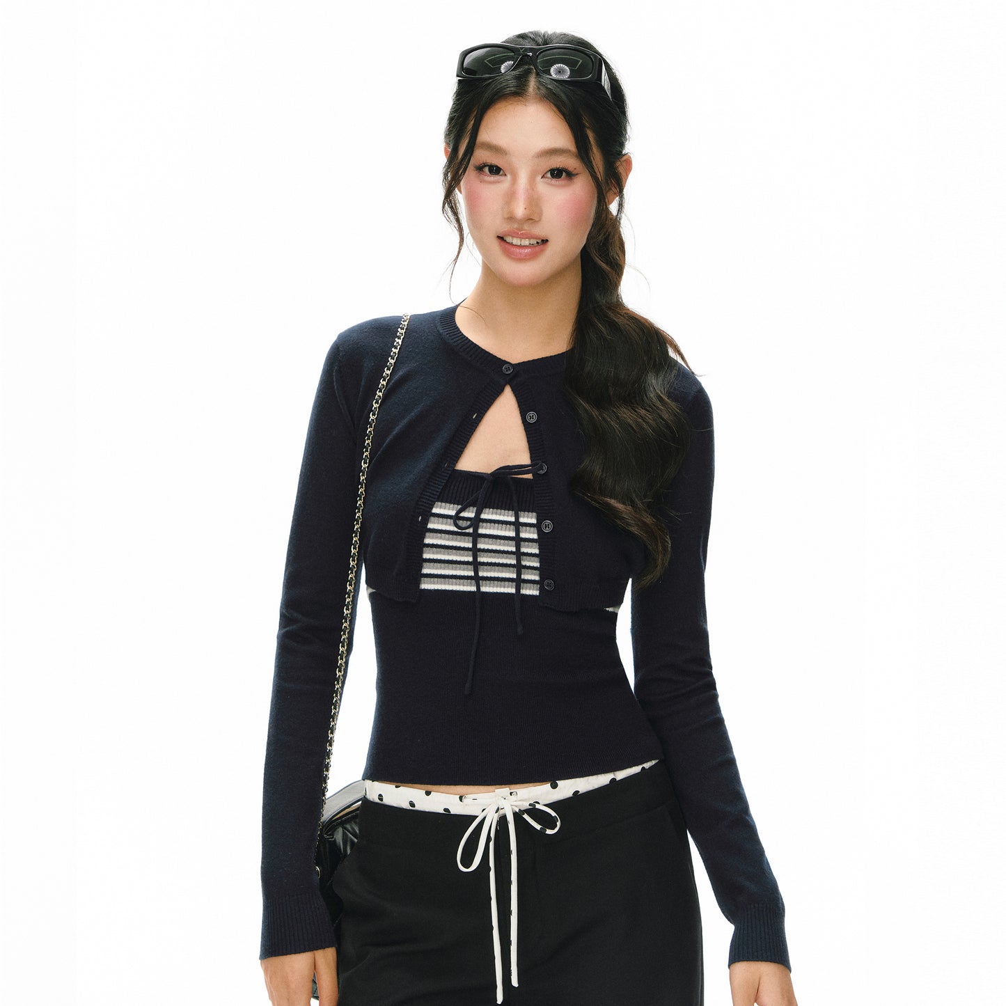 Striped Tie Tube Top & Cropped Crew Neck Cardigan 2 Piece Knit Set