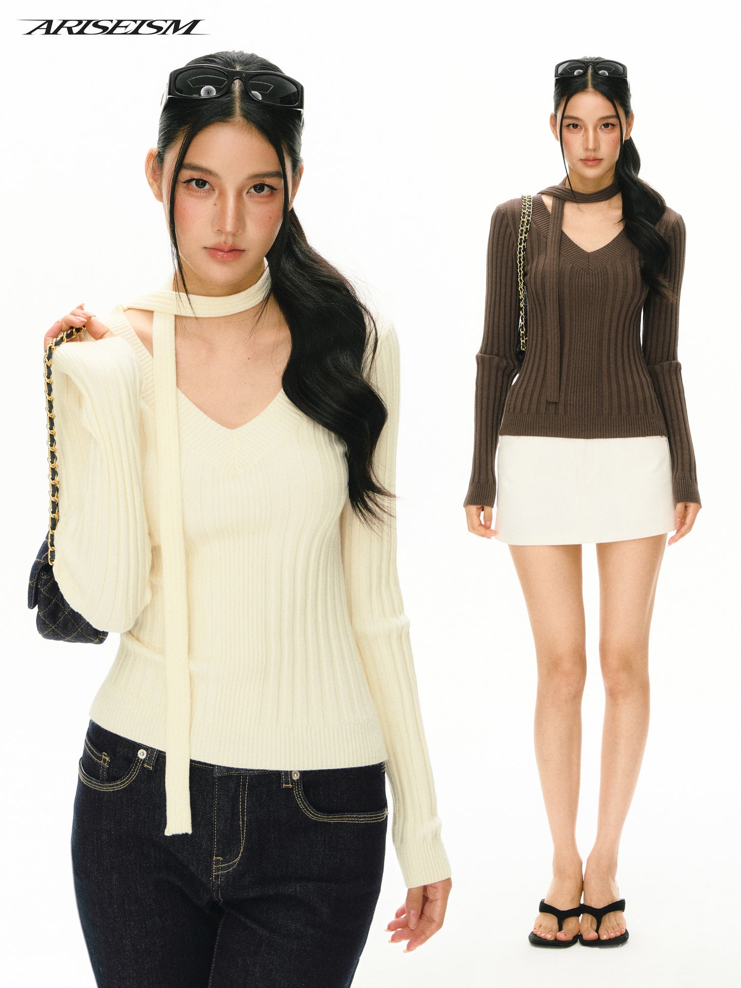 Antoinette Halter Scarf V-Neck Ribbed Sweater