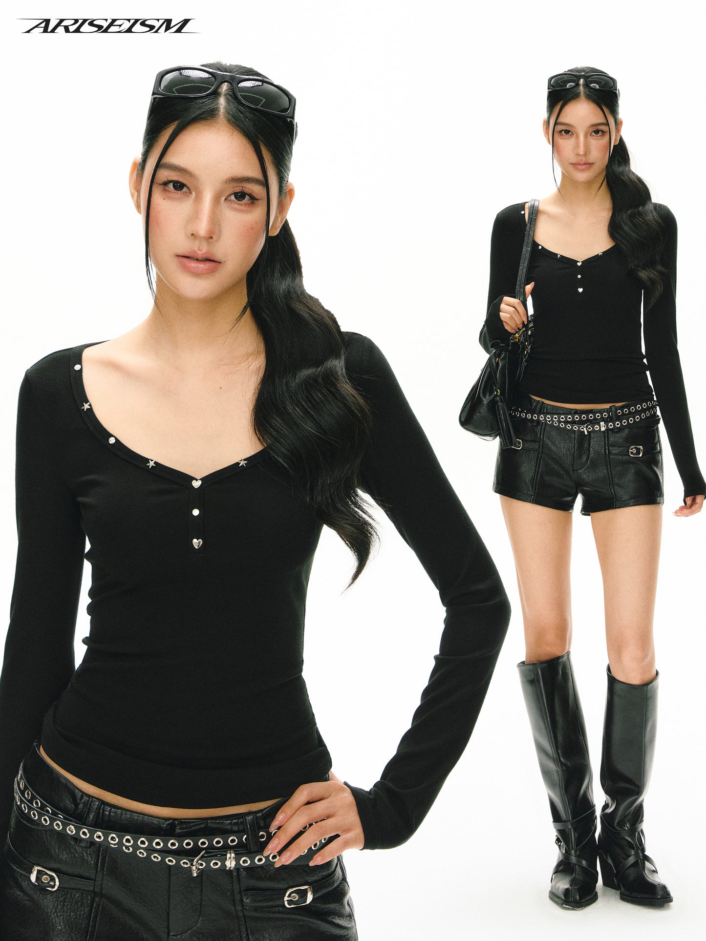 Paz Gray V-Neck Rivets Long Sleeves