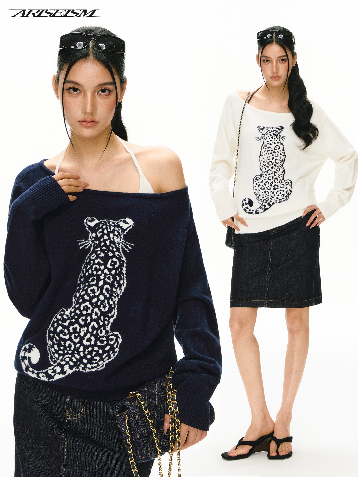 Leopard Jacquard Off Shoulder  Sweater