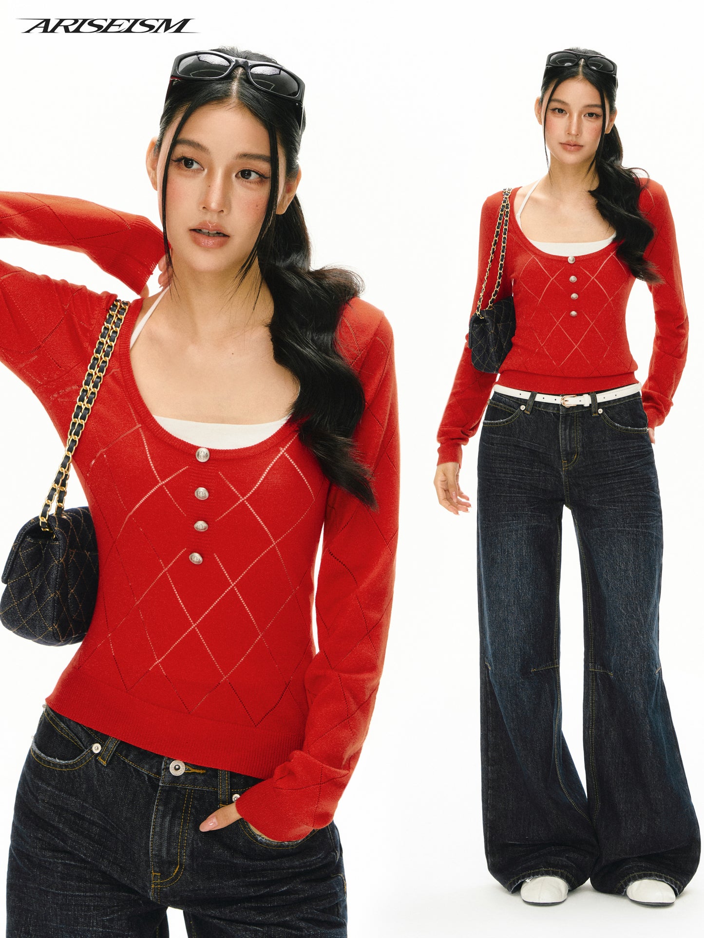 Clementine U-Neck Argyle Knit Sweater
