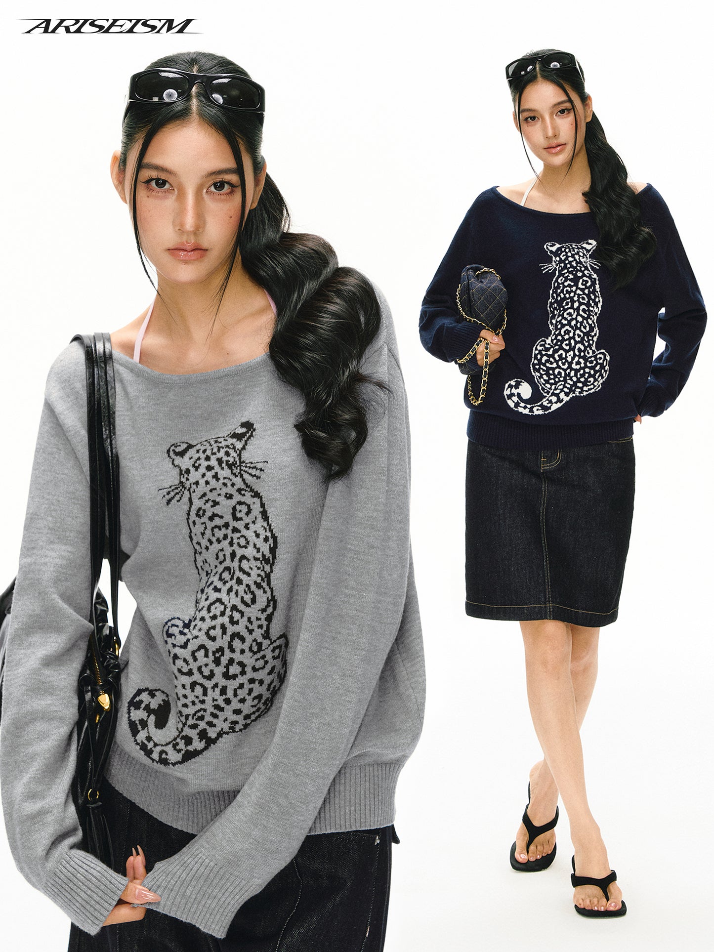 Leopard Jacquard Off Shoulder  Sweater