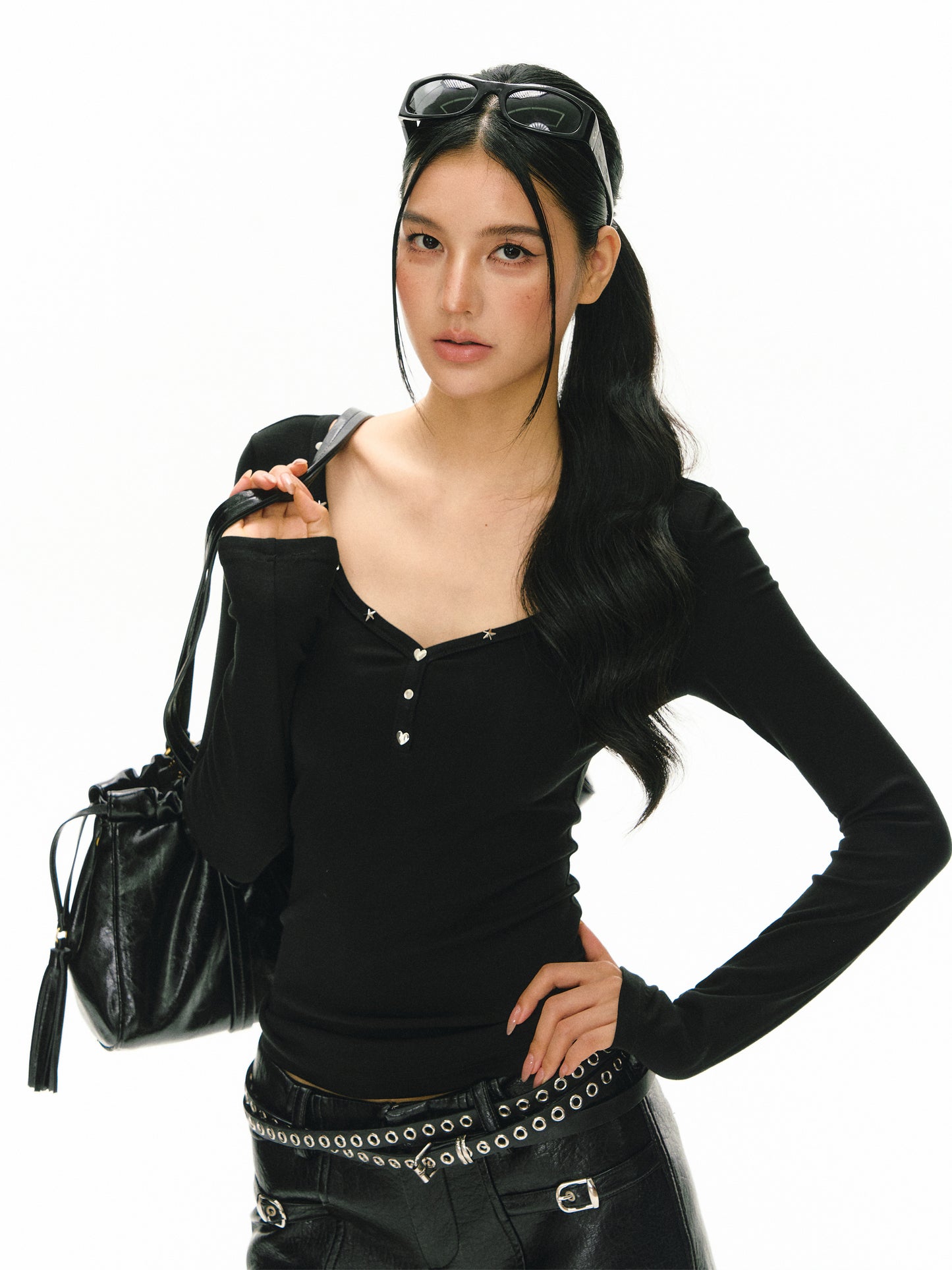 Paz Gray V-Neck Rivets Long Sleeves