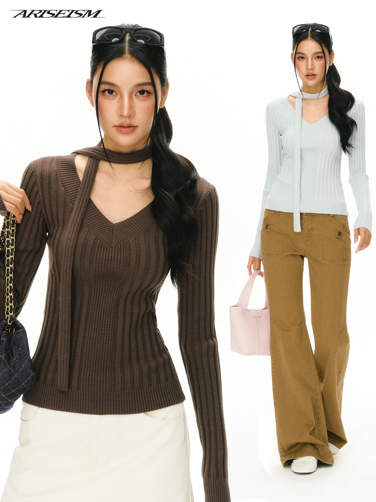 Antoinette Halter Scarf V-Neck Ribbed Sweater