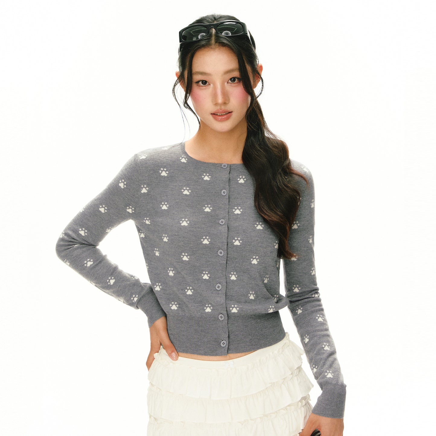 Cat Paw Crew Neck Long Sleeve Cardigan