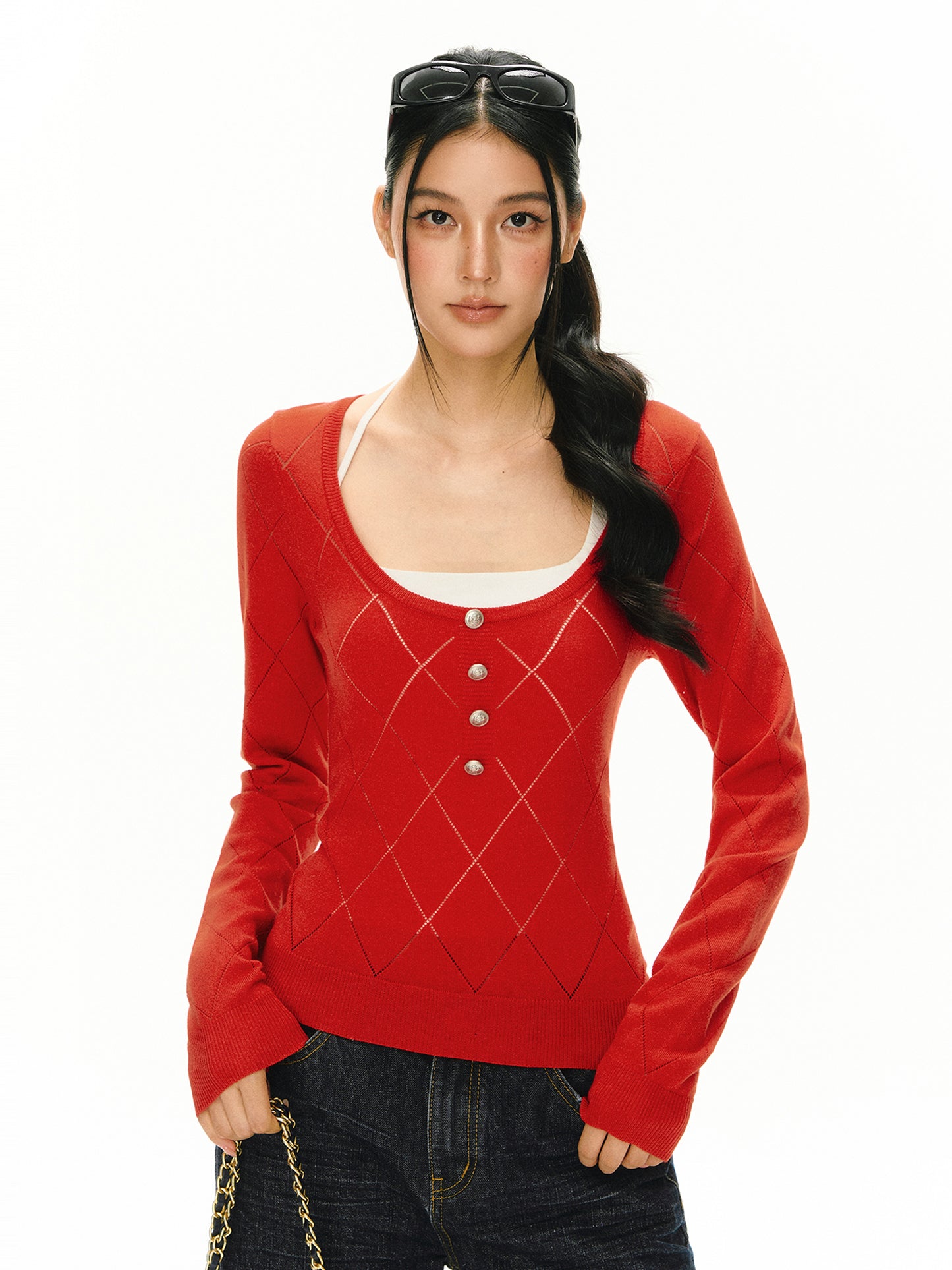 Clementine U-Neck Argyle Knit Sweater