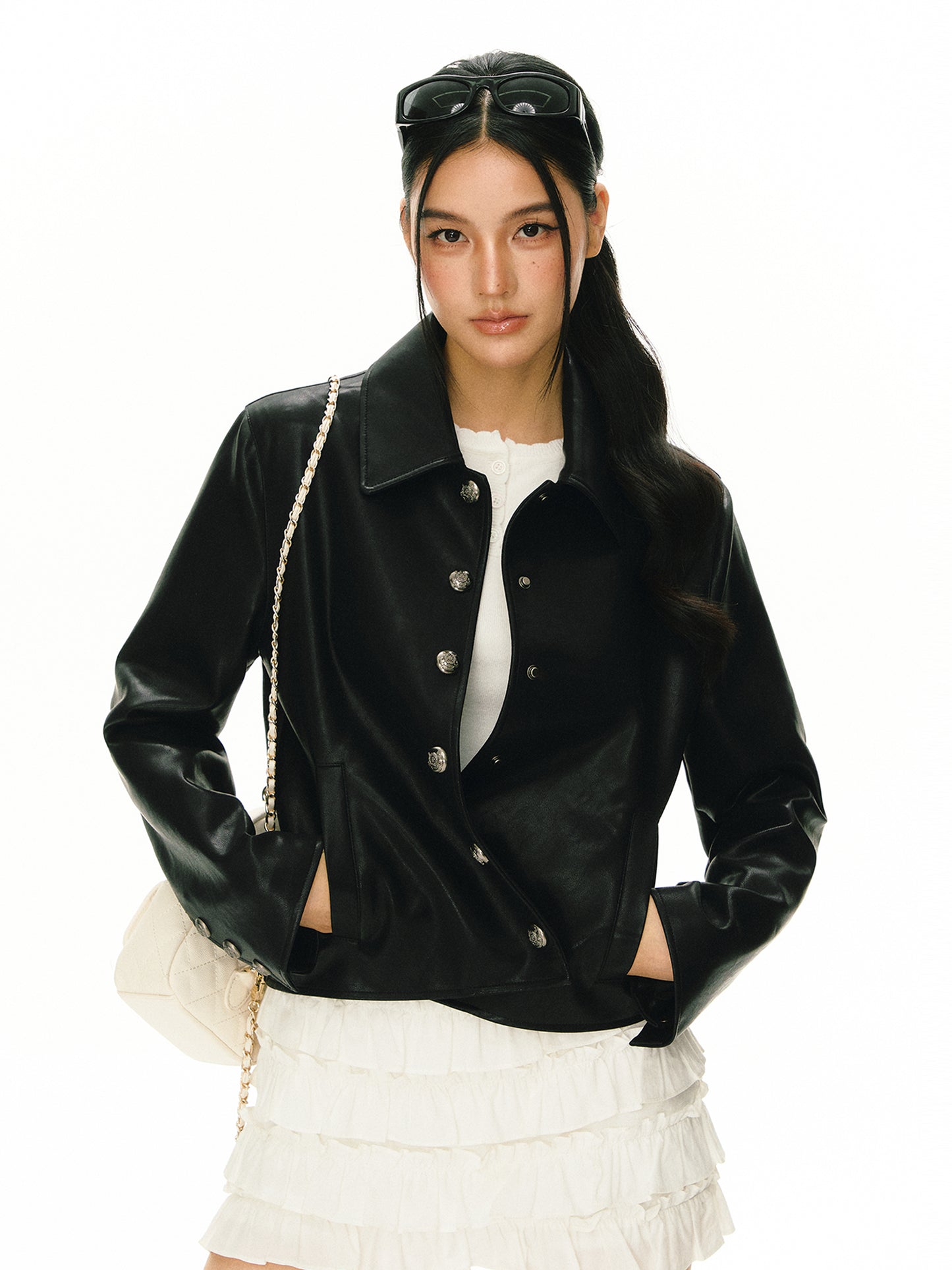 Kior Faelthra Collared Faux Leather Jacket