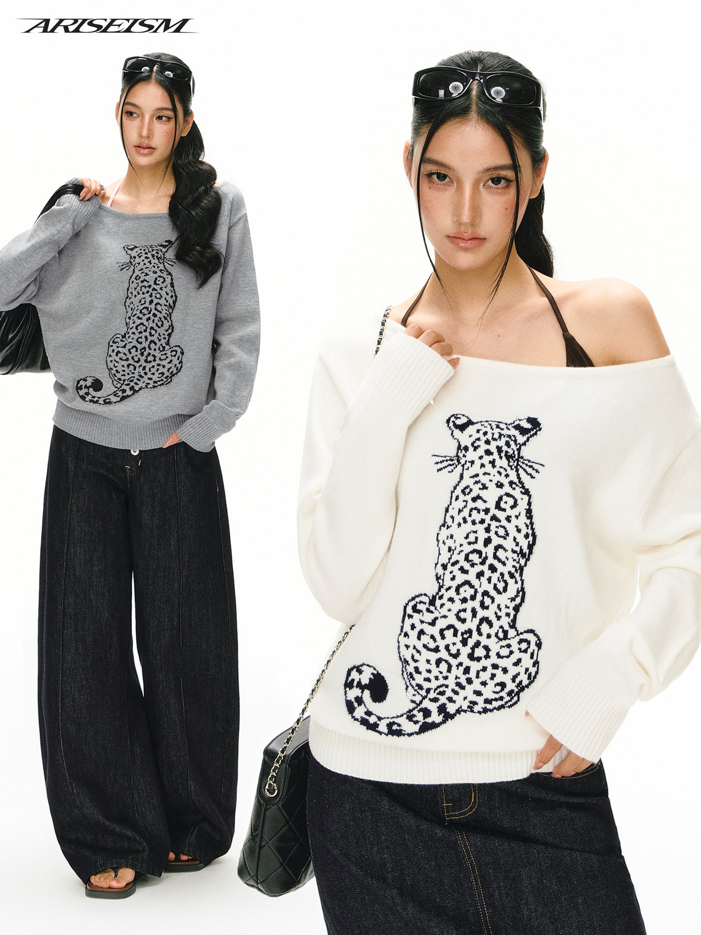 Leopard Jacquard Off Shoulder  Sweater