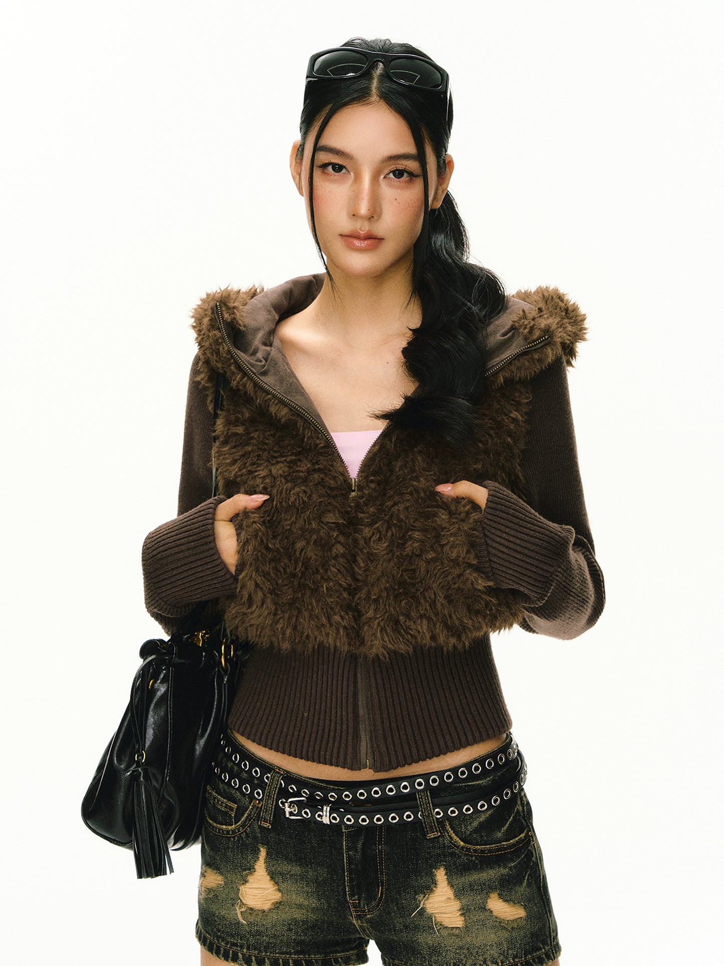 Elara Knit Spliced Sherpa Coat
