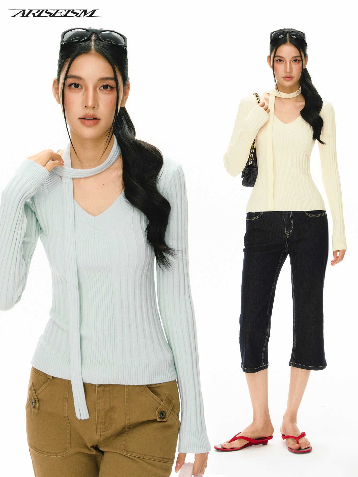 Antoinette Halter Scarf V-Neck Ribbed Sweater