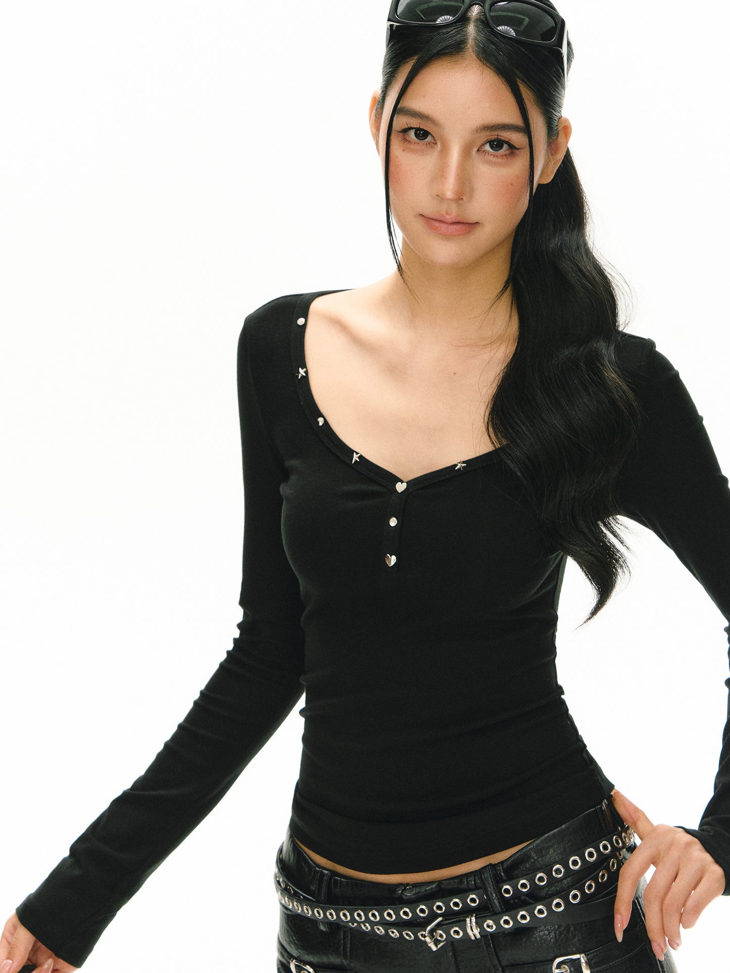 Paz Gray V-Neck Rivets Long Sleeves