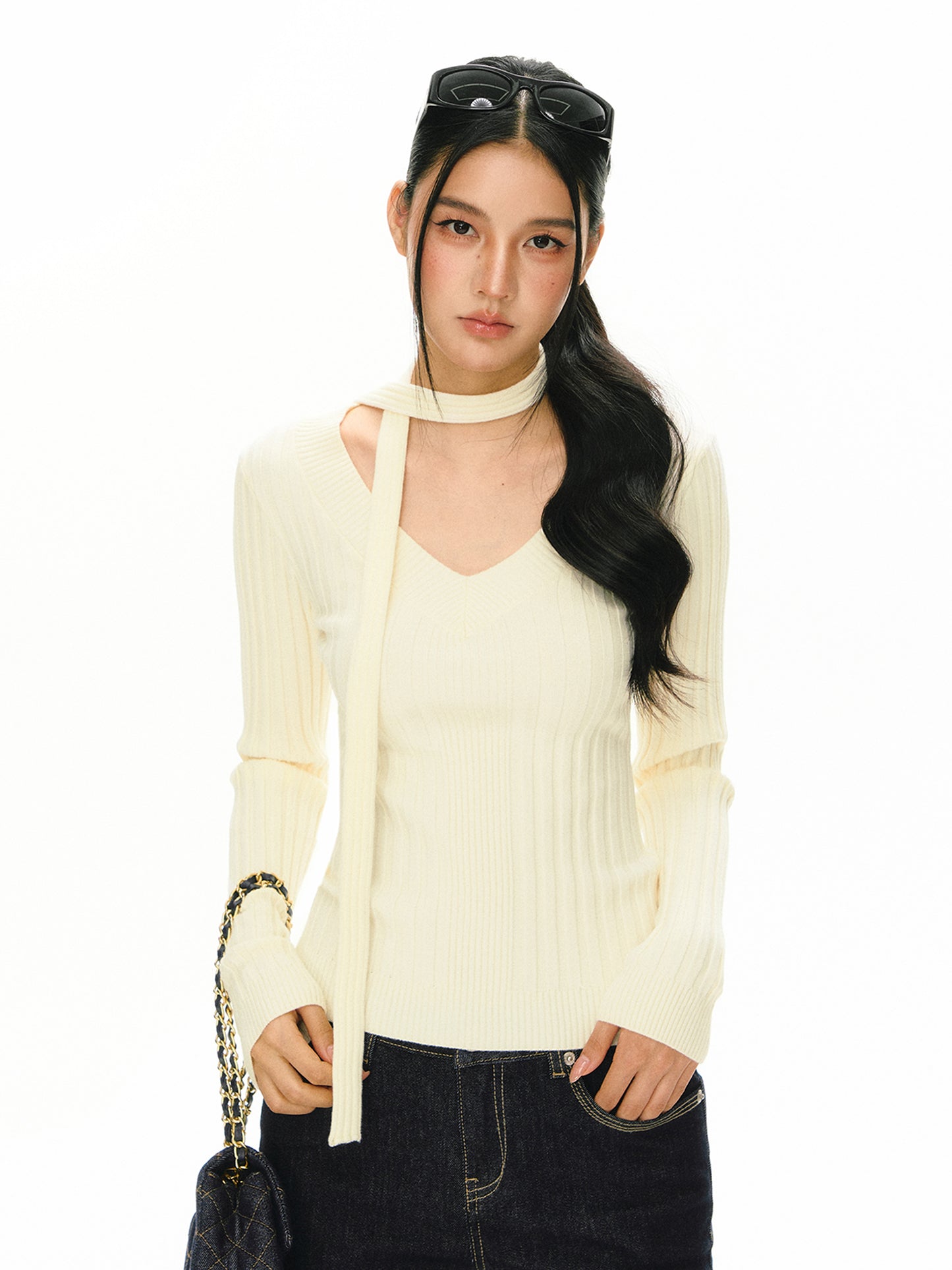 Antoinette Halter Scarf V-Neck Ribbed Sweater