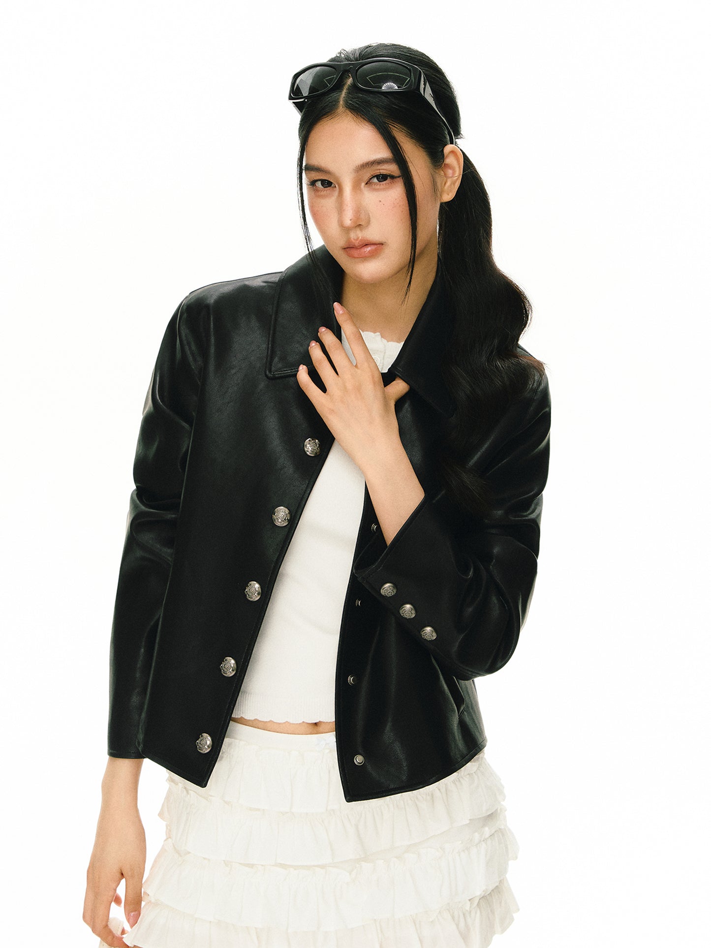 Kior Faelthra Collared Faux Leather Jacket