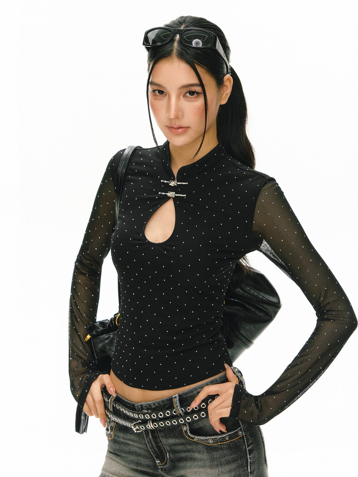 Zorn Mesh Rhinestone Cutout Long Sleeves