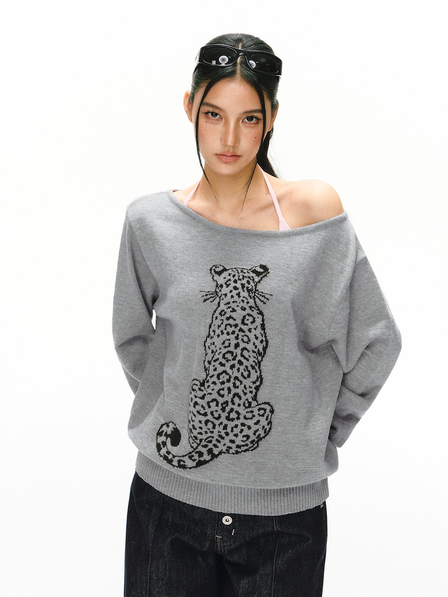 Leopard Jacquard Off Shoulder  Sweater