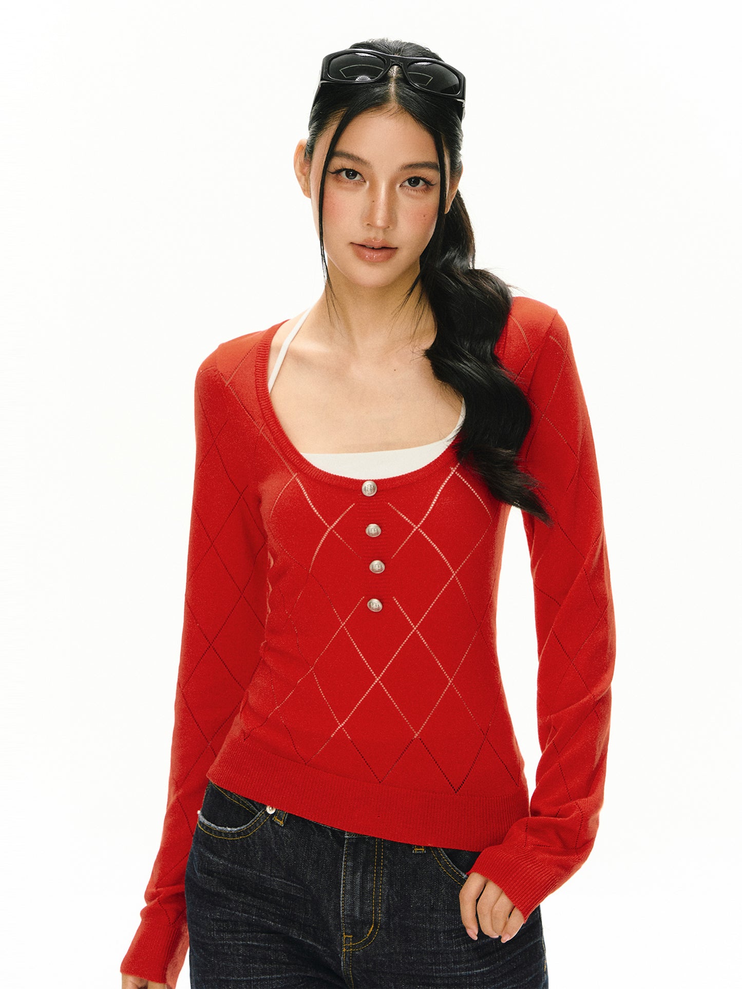 Clementine U-Neck Argyle Knit Sweater