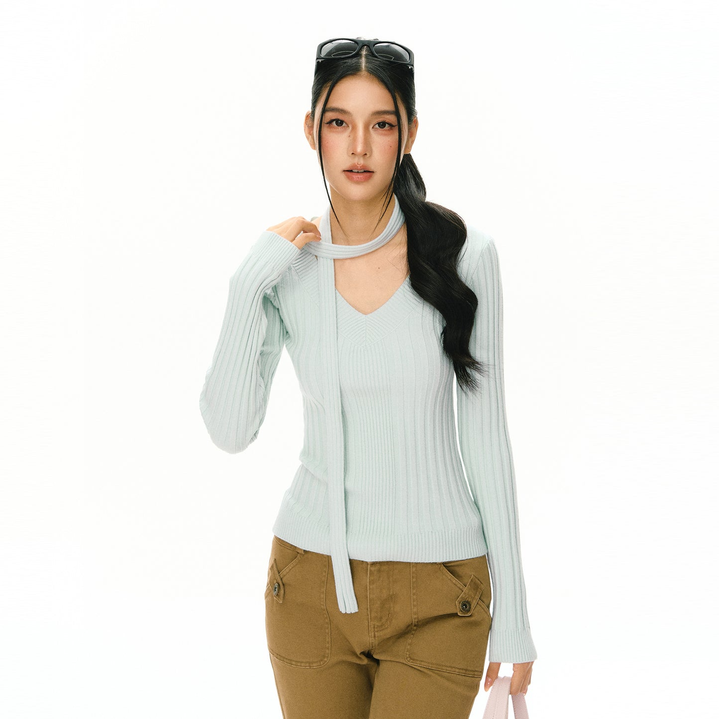Antoinette Halter Scarf V-Neck Ribbed Sweater