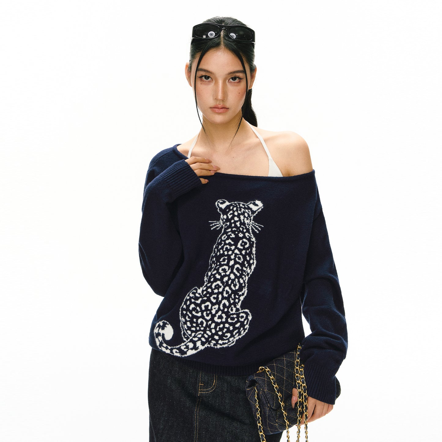 Leopard Jacquard Off Shoulder  Sweater